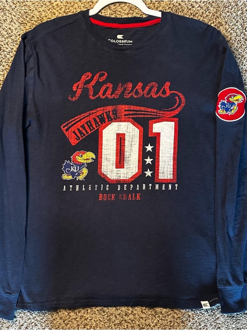 Colosseum Navy Kansas Jayhawks Long Sleeve Tee with patch on sleeve